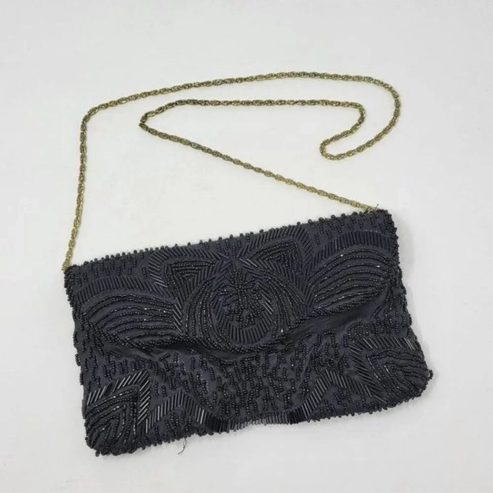 Vintage Black Beaded Evening Clutch With‎ Gold Chain Strap